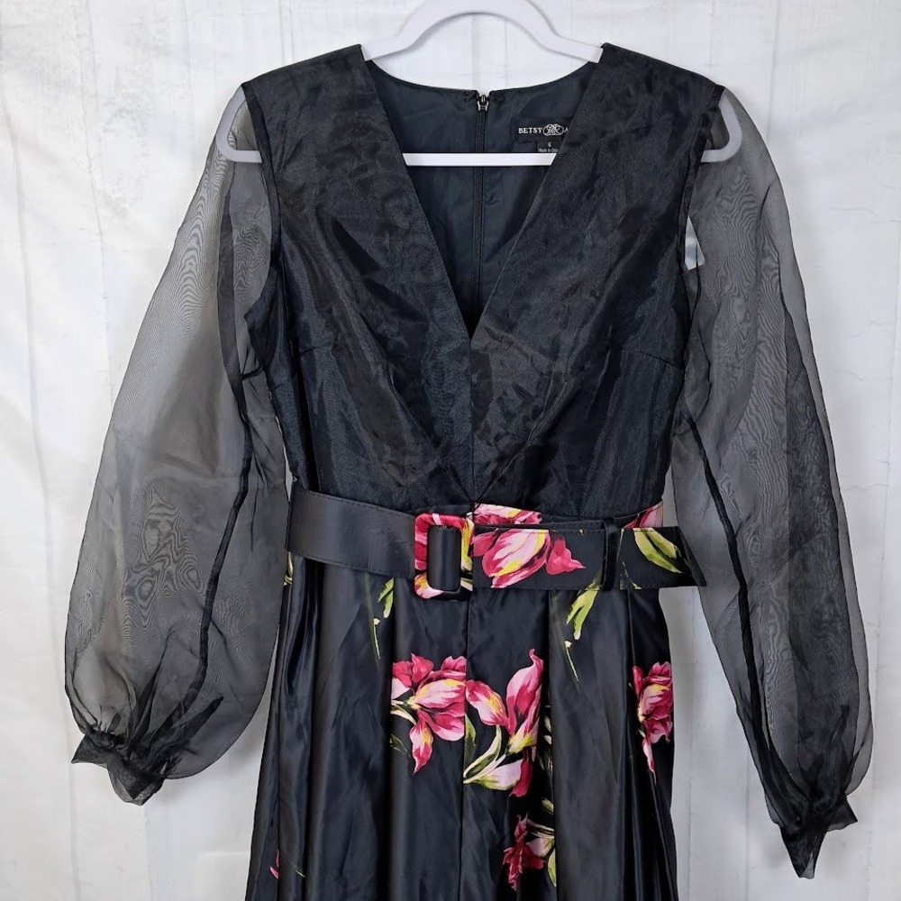 Betsy & Adam 6 Organza-Sleeve Floral on Black Belted Satin Gown Plunging V-Neck - Picture 5 of 11